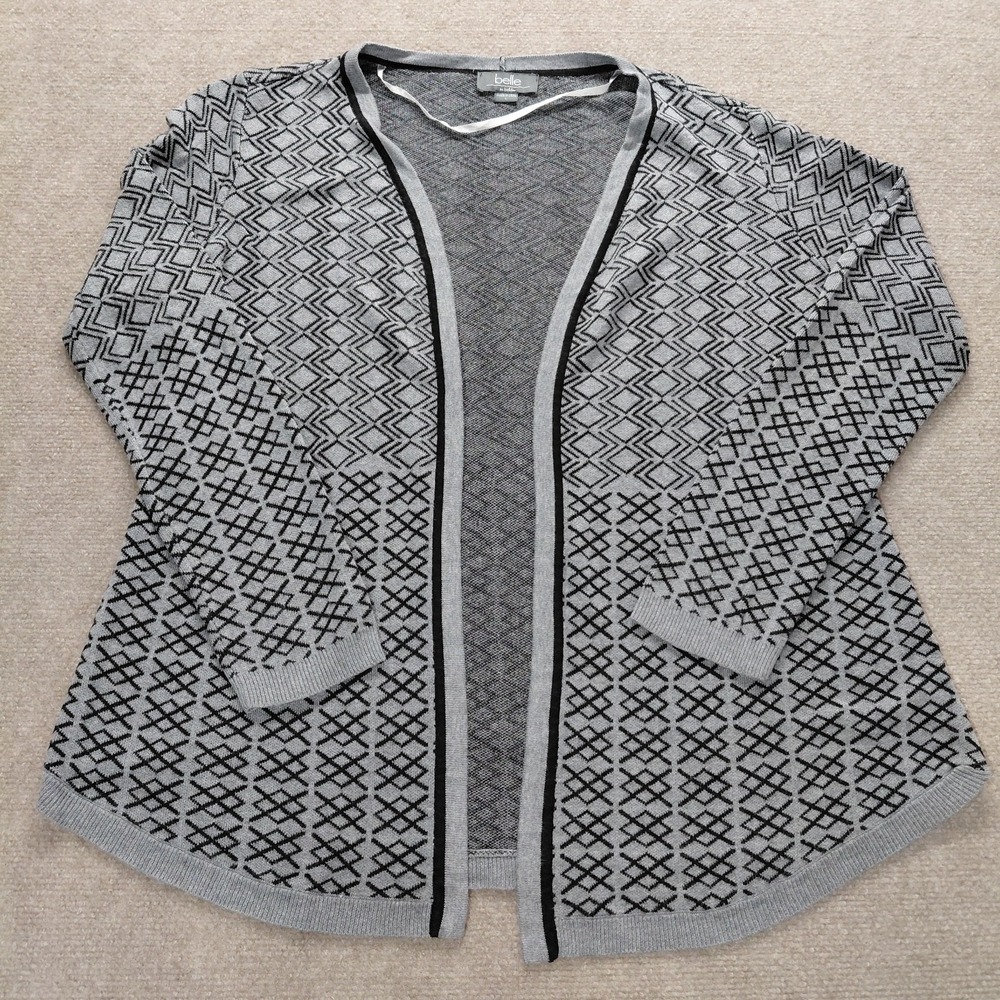 Belle by Belldini Women's LARGE Geometric Open Knit Cardigan Sweater Gray Black